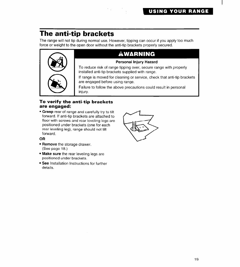 The anti-tip brackets, To verify the anti-tip brackets are engaged, Warning ) | Whirlpool FGS385B User Manual | Page 19 / 32