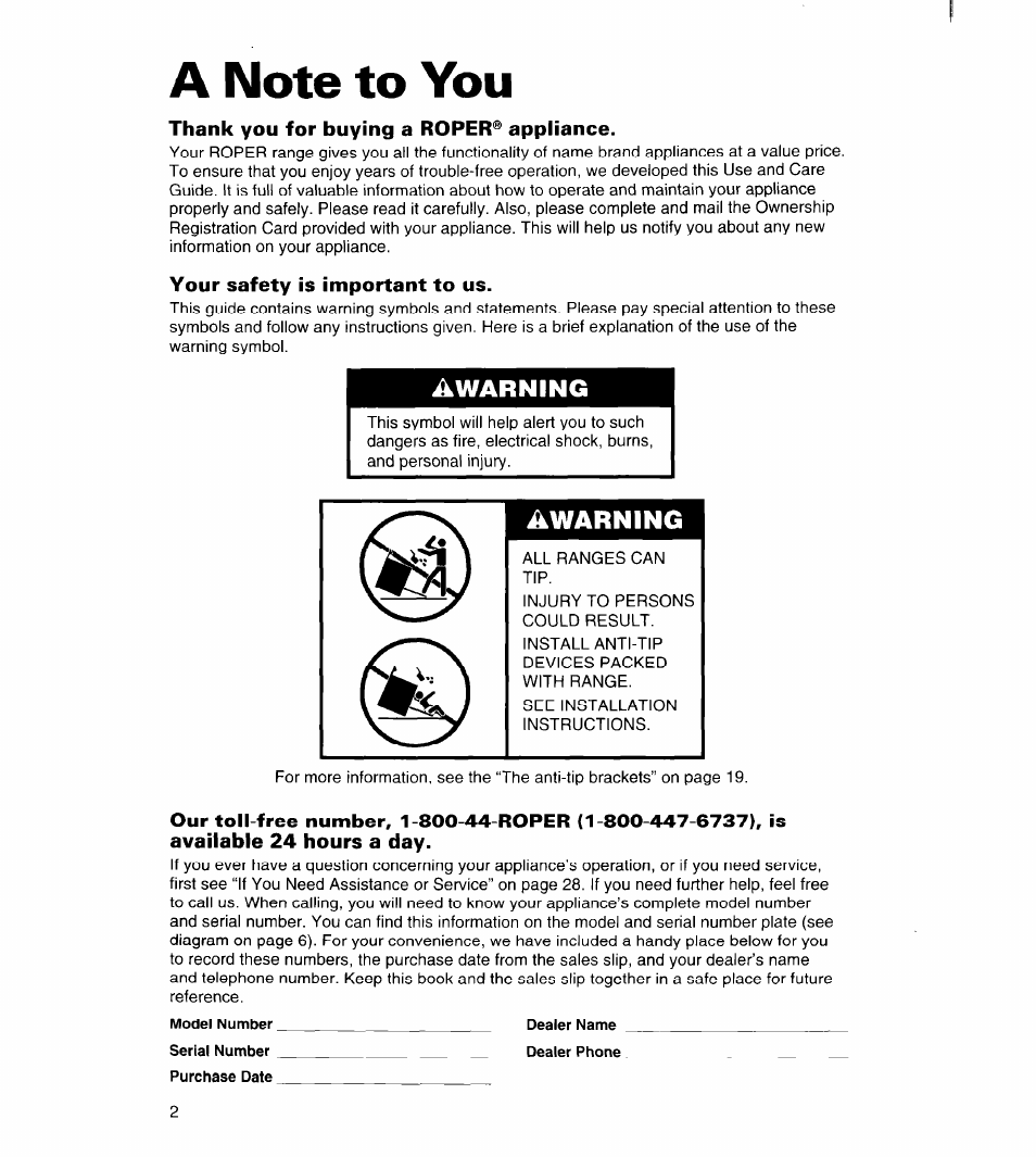 A note to you, Thank you for buying a roper® appliance, Your safety is important to us | Awarning | Whirlpool FGS385B User Manual | Page 2 / 32