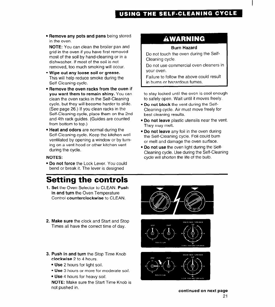 Notes, Burn hazard, Setting the controls | Warning, Using the self-cleaning cycle | Whirlpool FGS385B User Manual | Page 21 / 32