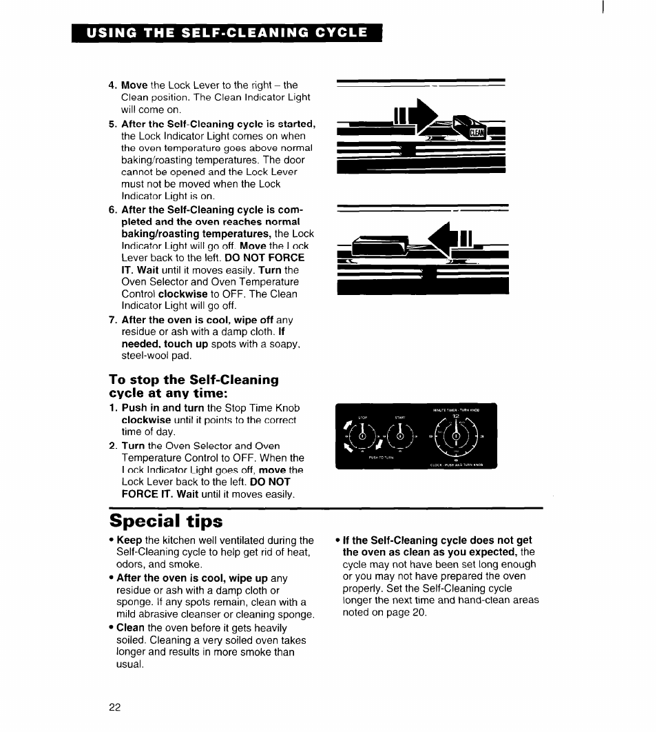 After the self-cleaning cycle is started, To stop the self-cleaning cycle at any time, Special tips | Using the self-cleaning cycle | Whirlpool FGS385B User Manual | Page 22 / 32