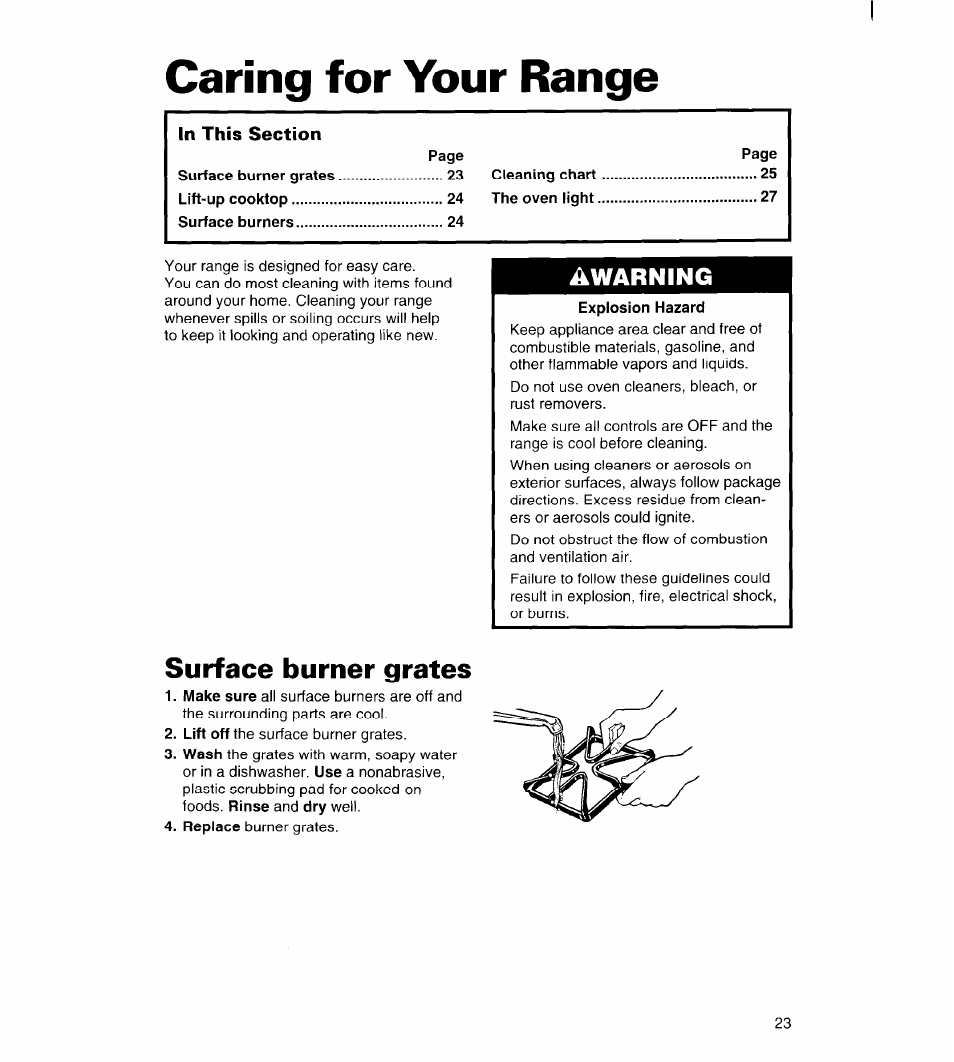 Caring for your range, Surface burner grates, Caring for your | Range, Warning | Whirlpool FGS385B User Manual | Page 23 / 32