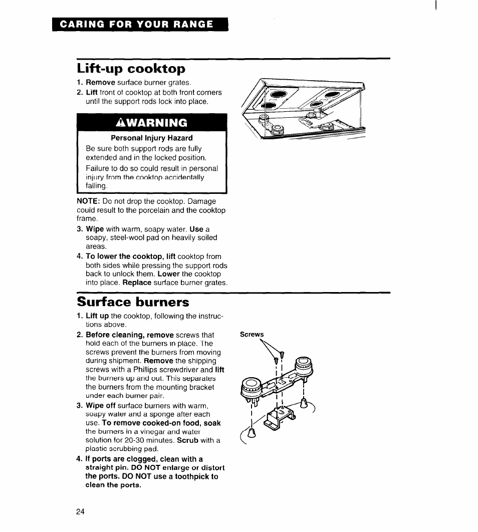 Lift-up cooktop, Surface burners, Awarning | Whirlpool FGS385B User Manual | Page 24 / 32