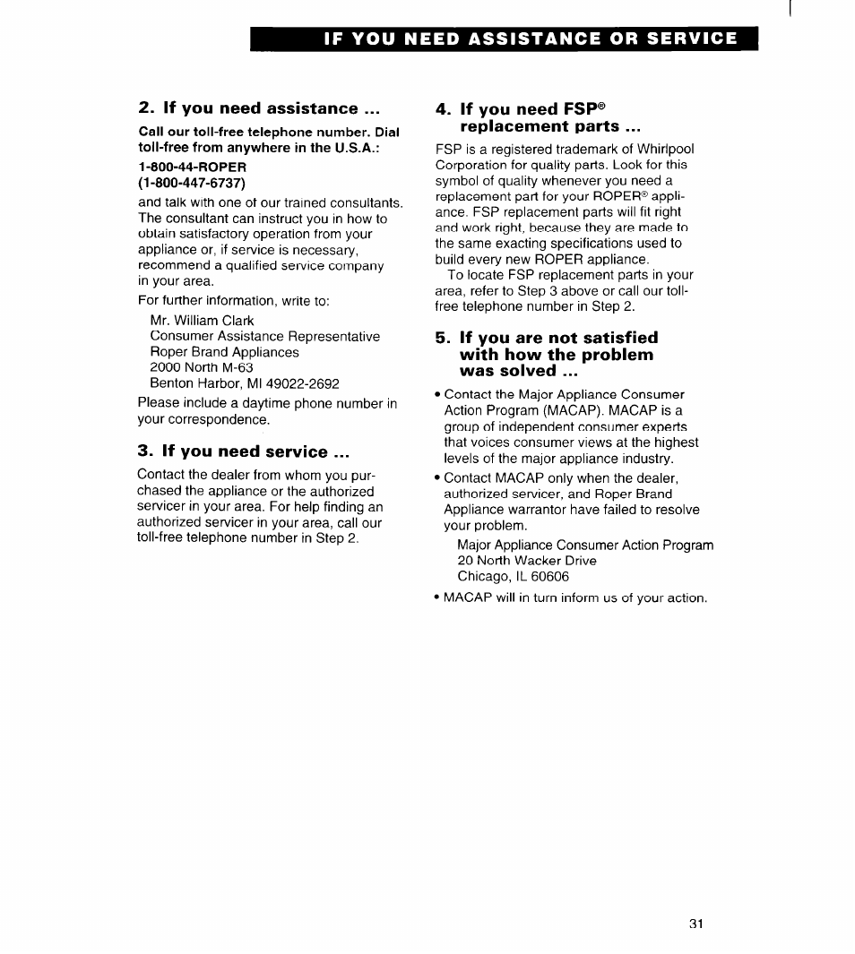 If you need assistance, 800-44-roper, If you need service | If you need fsp® replacement parts, If you need assistance or service | Whirlpool FGS385B User Manual | Page 31 / 32