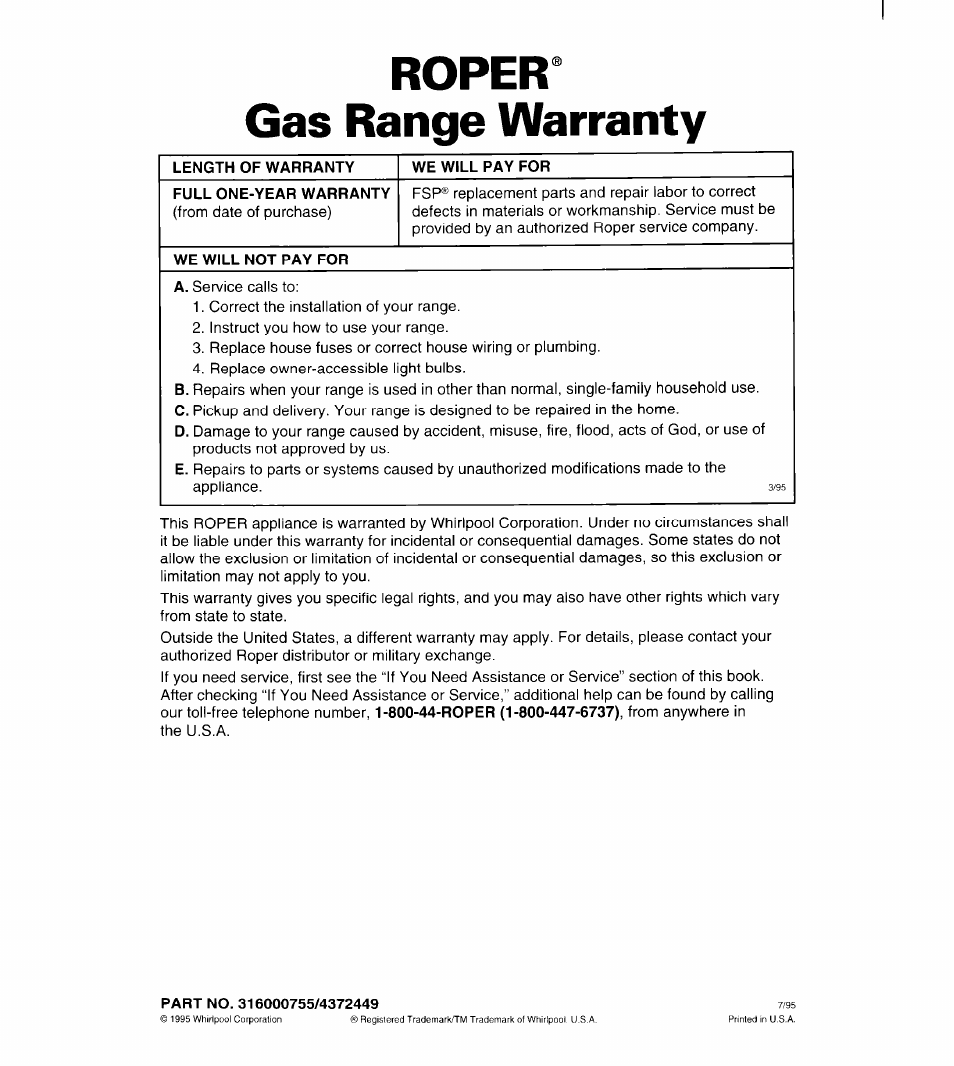 Ropera, Gas range warranty, Length of warranty | We will pay for, Full one-year warranty, We will not pay for, Part no. 316000755/4372449, Ropera gas range warranty | Whirlpool FGS385B User Manual | Page 32 / 32