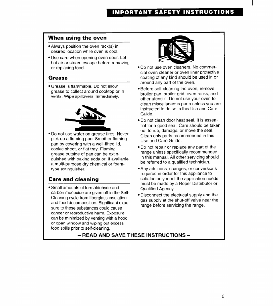 When using the oven, Grease, Care and cleaning | Read and save these instructions, Important safety instructions | Whirlpool FGS385B User Manual | Page 5 / 32