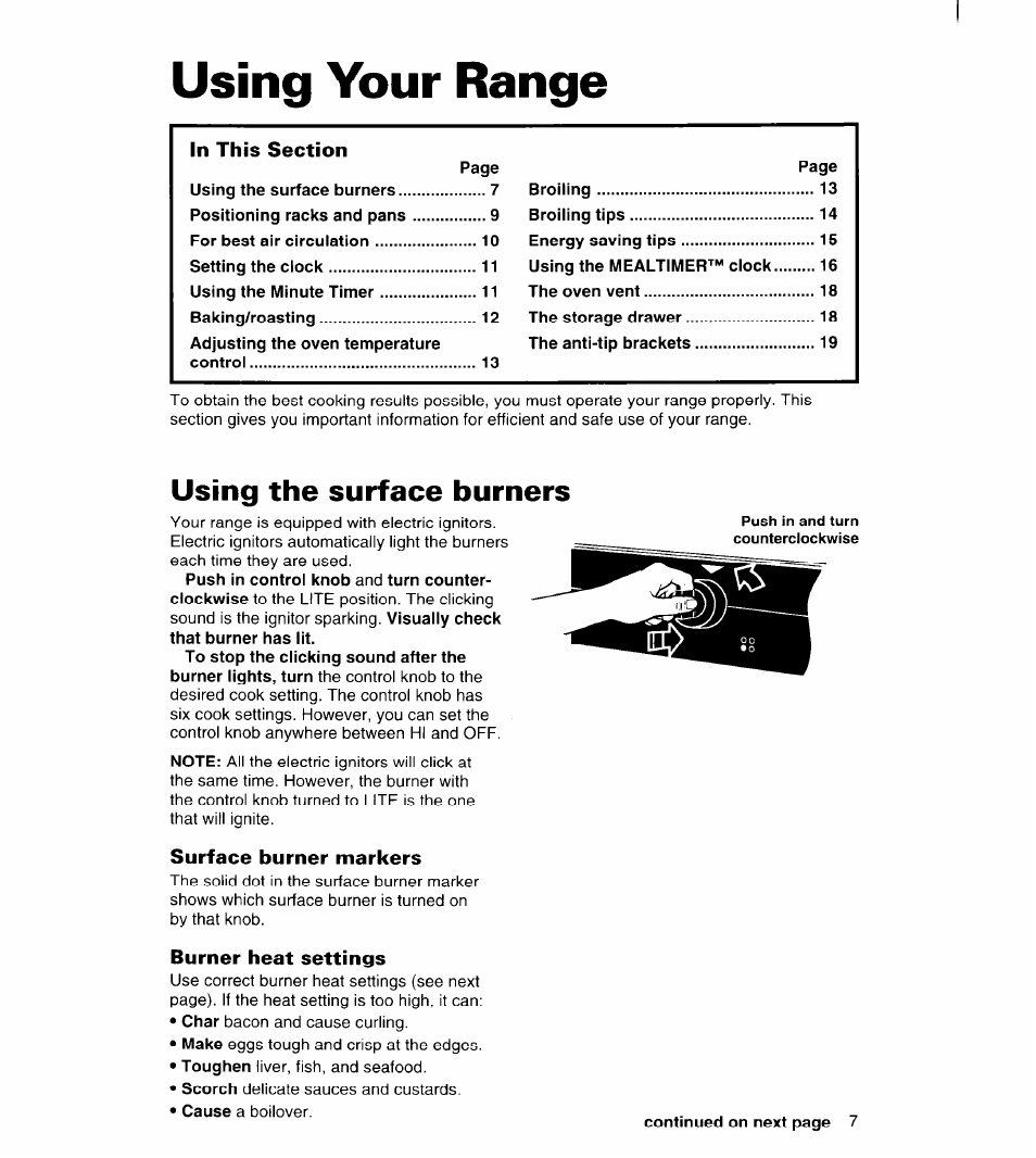 Using your range, Using the surface burners, Surface burner markers | Burner heat settings | Whirlpool FGS385B User Manual | Page 7 / 32