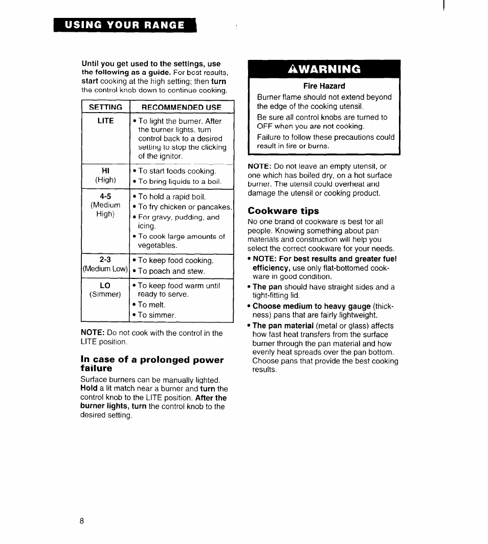 In case of a prolonged power failure, Fire hazard, Cookware tips | Awarning, Using your range | Whirlpool FGS385B User Manual | Page 8 / 32