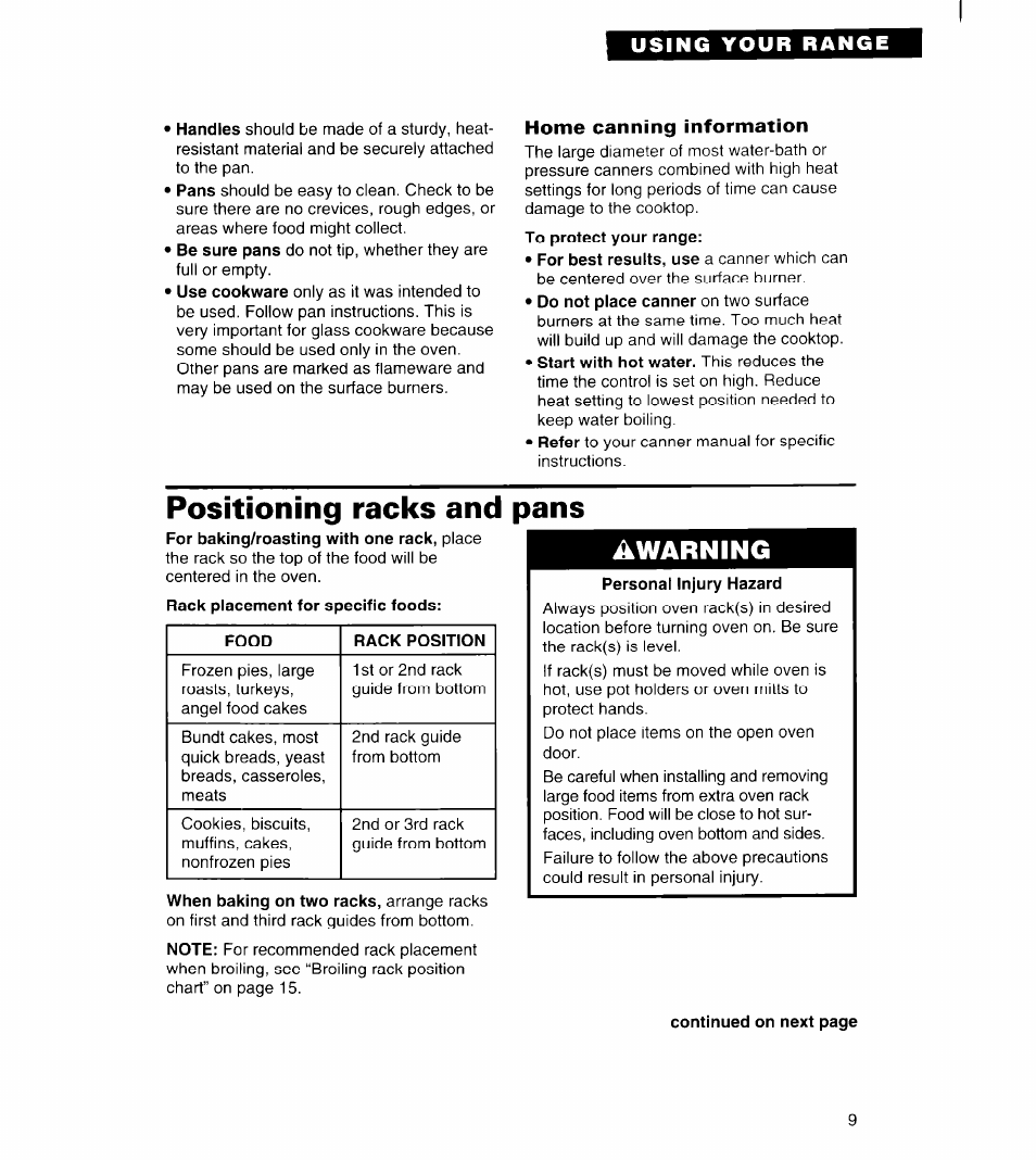 Home canning information, Positioning racks and pans, Awarning | Using your range | Whirlpool FGS385B User Manual | Page 9 / 32