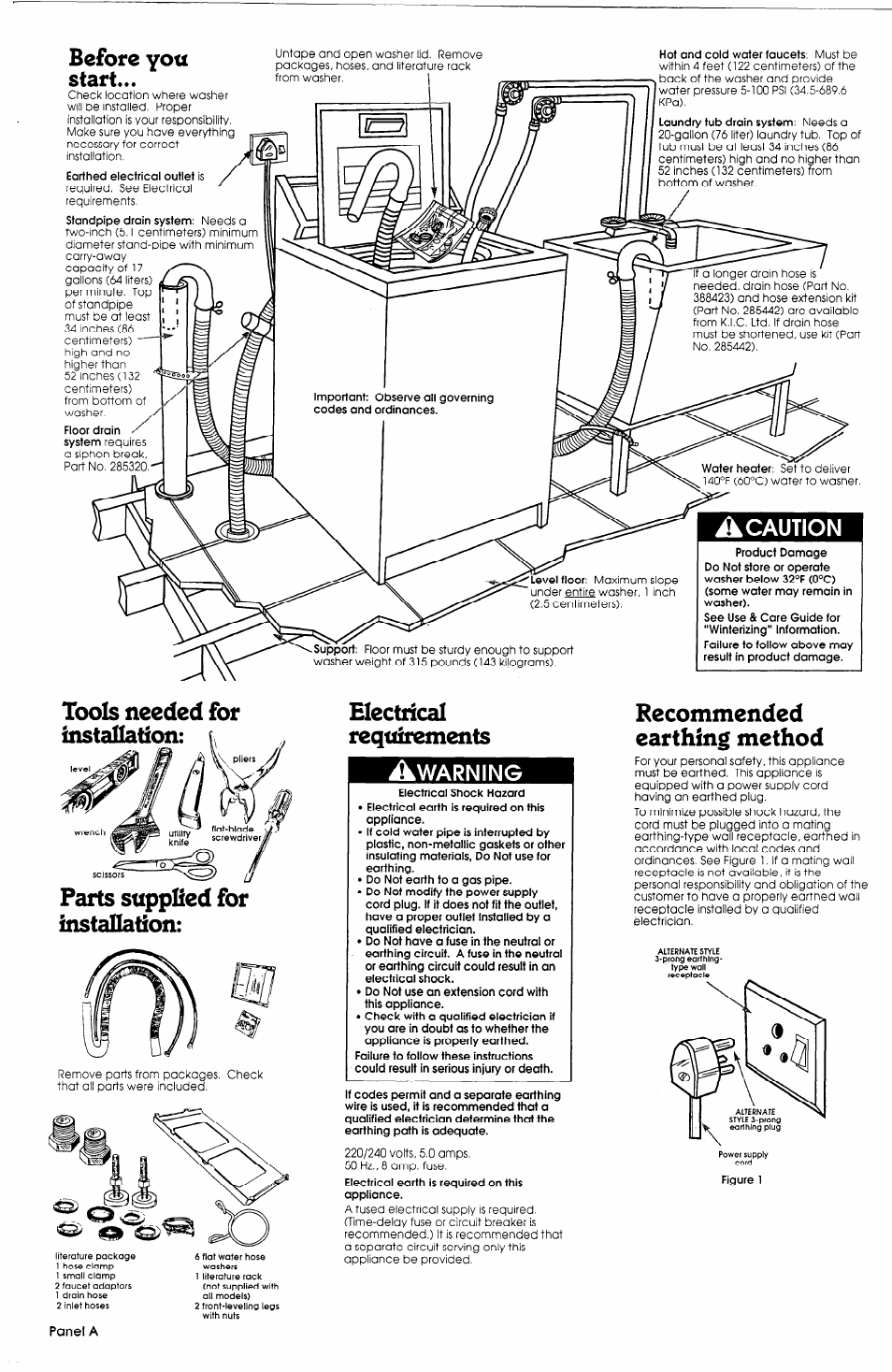 Before you start, Tools needed for installation, Parts supplied for installation | Electrical requirements, Recommended earthing method, Iià caution | Whirlpool 3358969 User Manual | Page 2 / 5