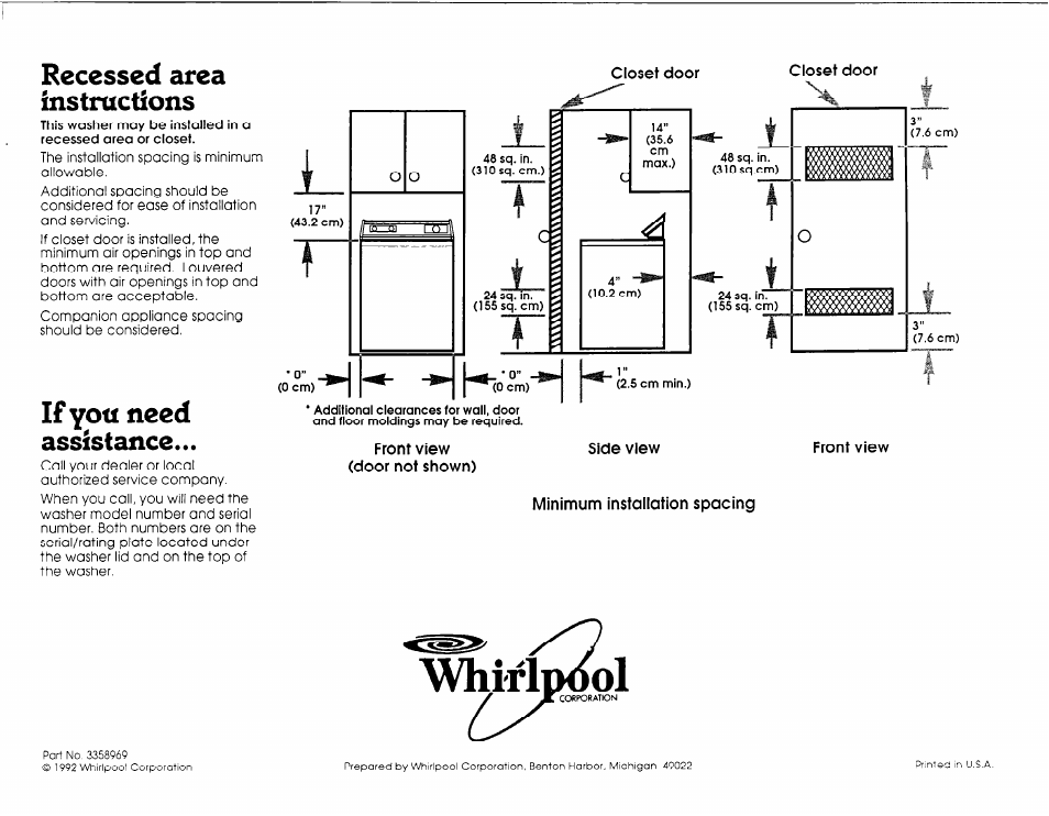 Front view (door not shown), Whirl, Recessed area instructions | If you need assistance | Whirlpool 3358969 User Manual | Page 5 / 5