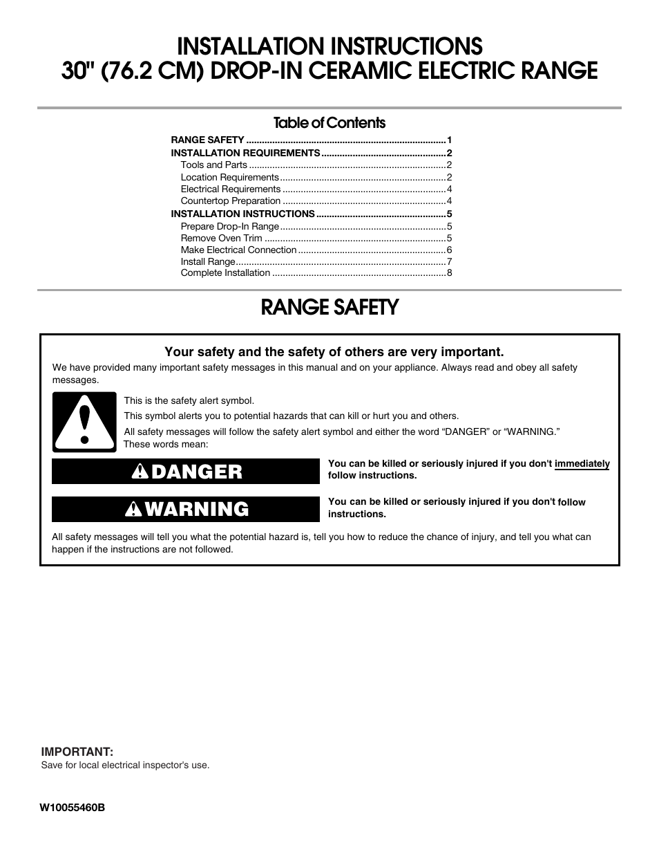 Whirlpool Drop-In Ceramic Electric Range User Manual | 8 pages