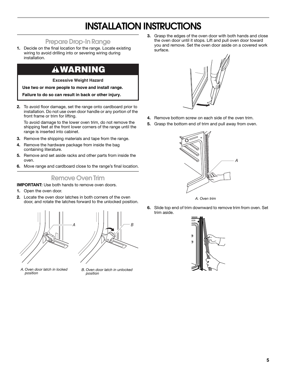 Installation instructions, Warning, Prepare drop-in range | Remove oven trim | Whirlpool Drop-In Ceramic Electric Range User Manual | Page 5 / 8