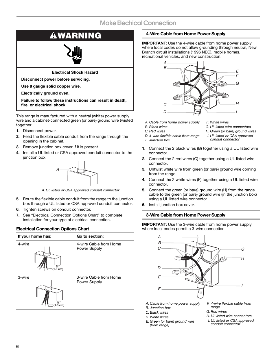 Warning, Make electrical connection | Whirlpool Drop-In Ceramic Electric Range User Manual | Page 6 / 8