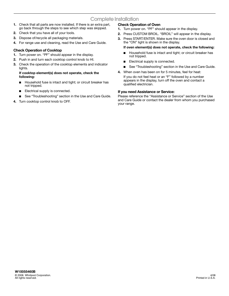 Complete installation | Whirlpool Drop-In Ceramic Electric Range User Manual | Page 8 / 8