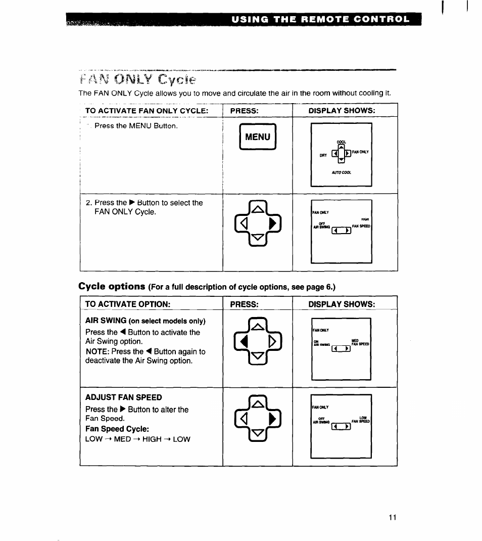 Menu, To activate option, Press | Display shows, Air swing (on select models only), Adjust fan speed, F aim oimly cycle | Whirlpool 1180435-A User Manual | Page 11 / 17