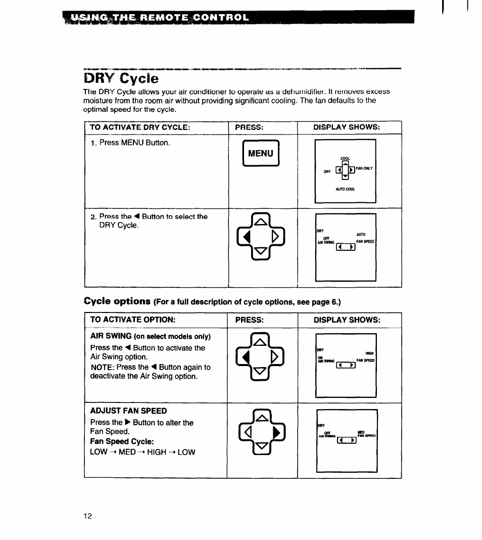 To activate dry cycle, Press, Display shows | Menu, To activate option, Air swing (on select models only), Adjust fan speed, Remote x^ontrol, Dry cycle | Whirlpool 1180435-A User Manual | Page 12 / 17