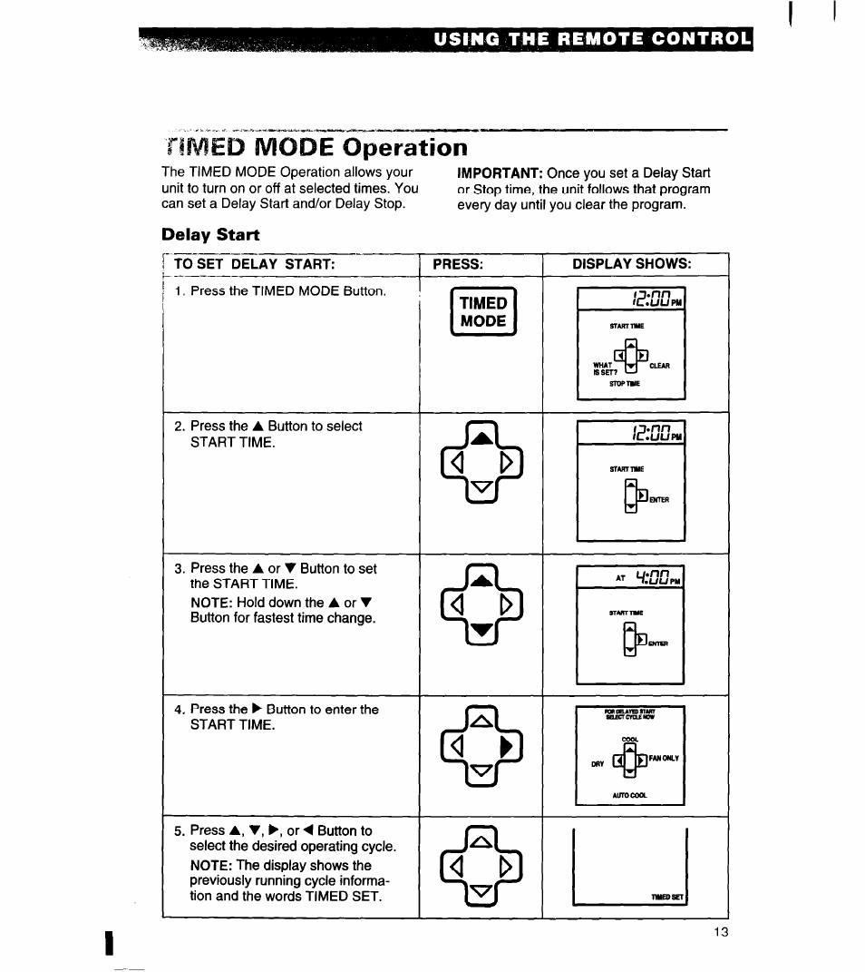 Riivied mode operation, Toset delay start, Press | Timed, Mode, Display shows, Mode operation, Riivied | Whirlpool 1180435-A User Manual | Page 13 / 17