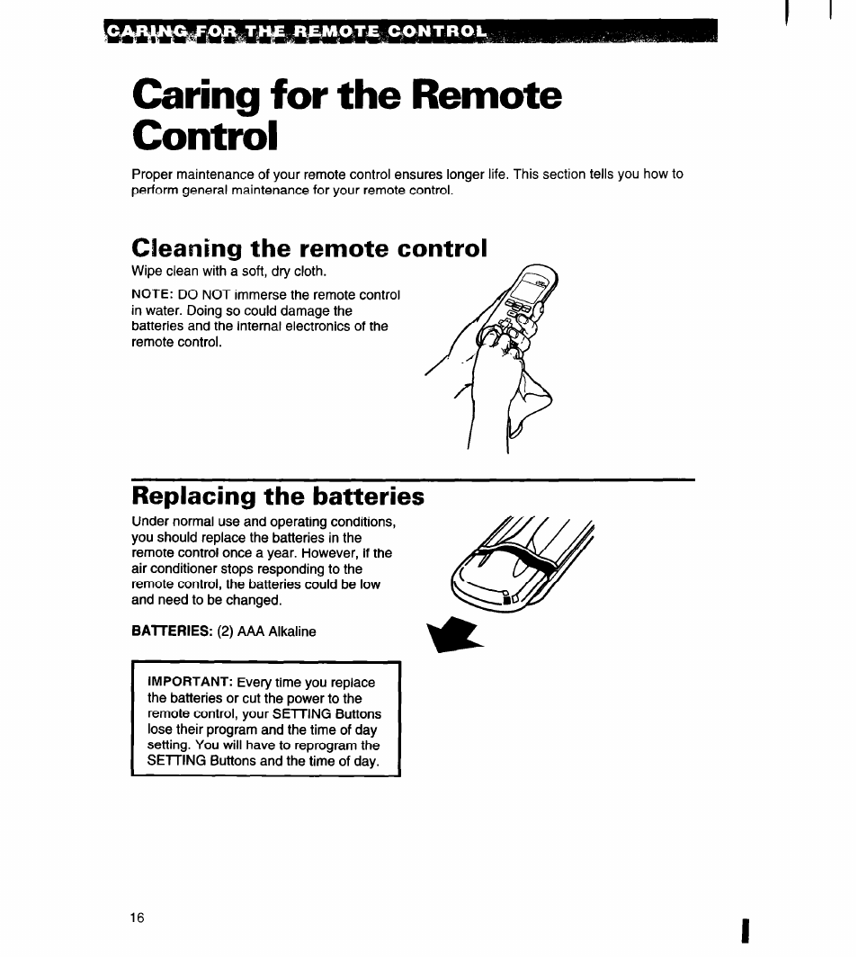 A&ntrov, Caring for the remote control, Cleaning the remote control | Replacing the batteries | Whirlpool 1180435-A User Manual | Page 16 / 17