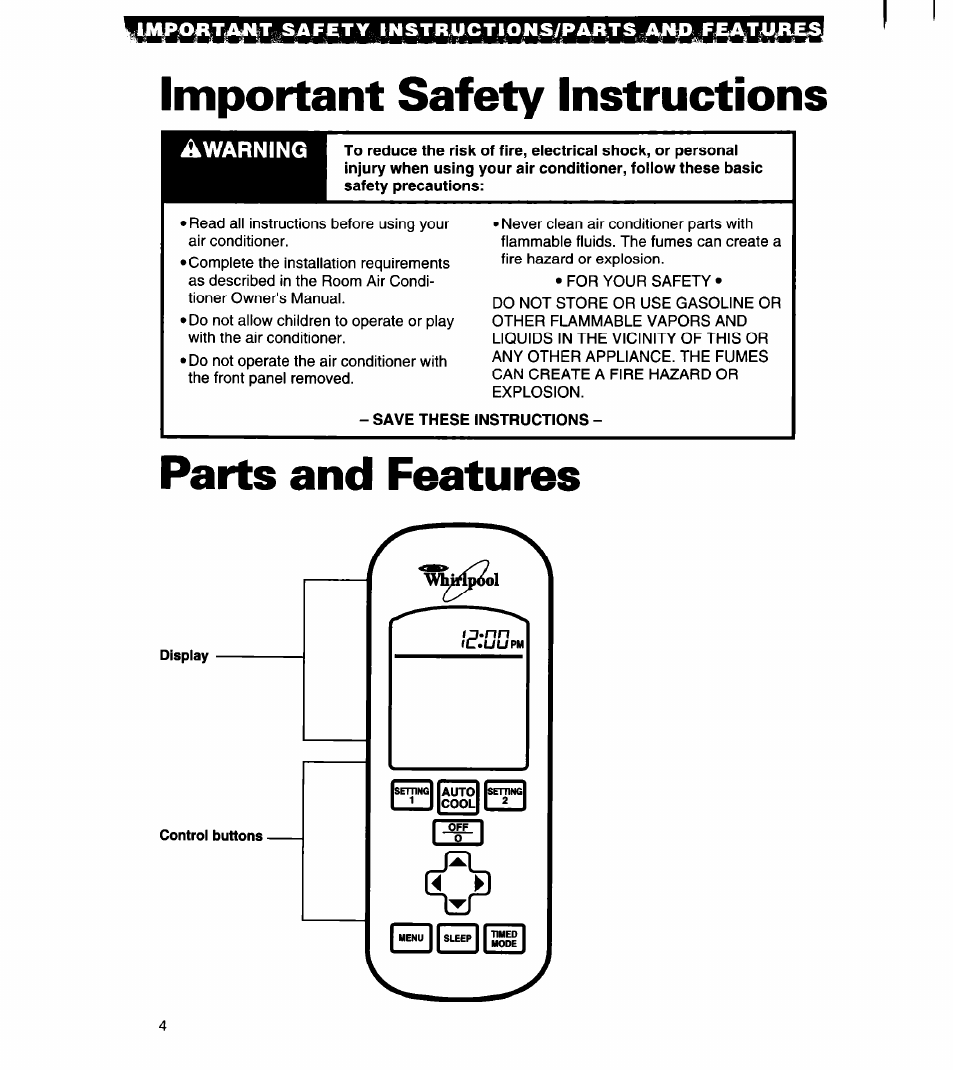 Important safety instructions, Save these instructions, Parts and features | Lj\w>0|wm^«safety instiulctiojis/paivrs aw, Ip.nn, Awarning | Whirlpool 1180435-A User Manual | Page 4 / 17