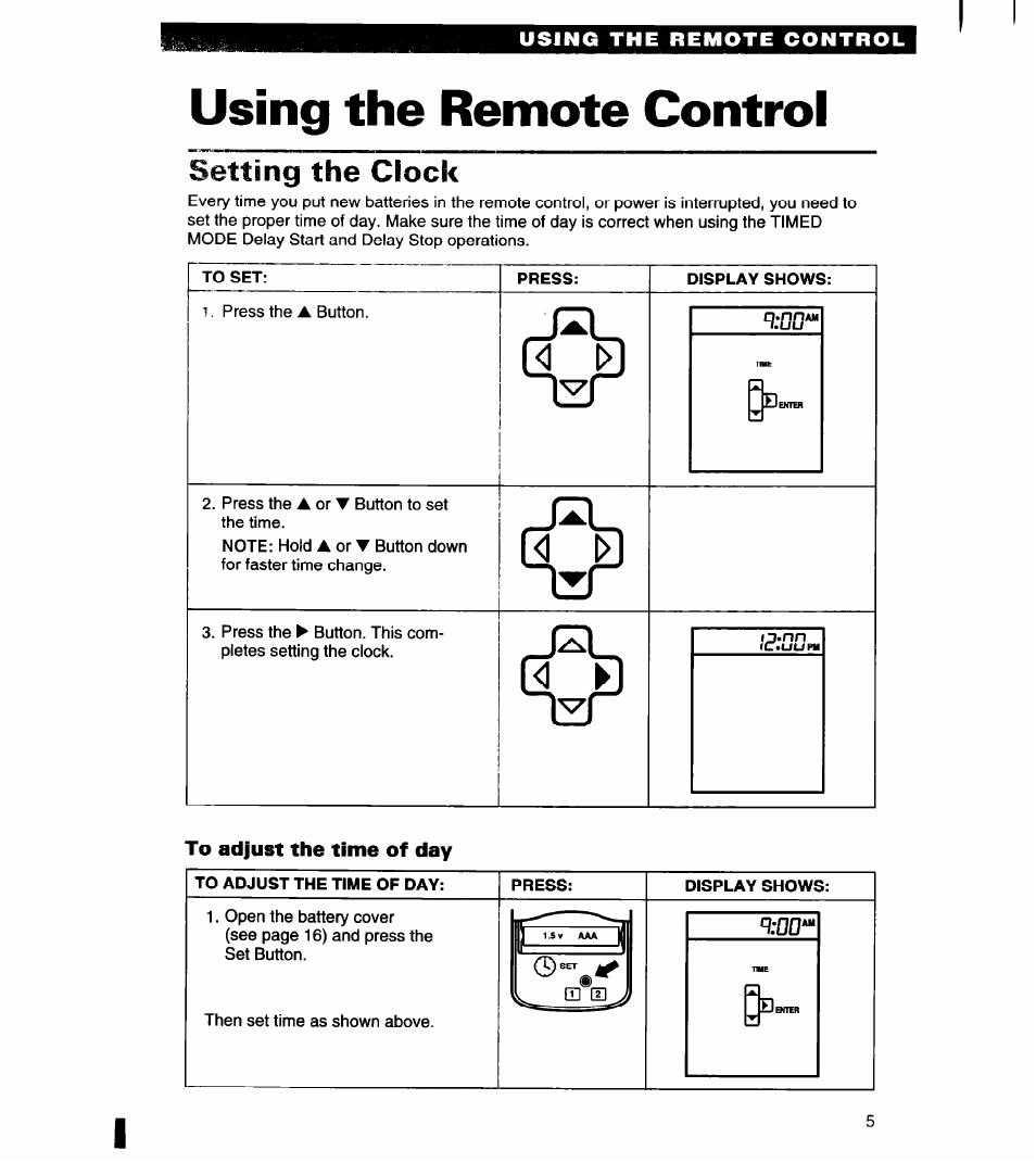 Using the remote control, Setting the clock | Whirlpool 1180435-A User Manual | Page 5 / 17