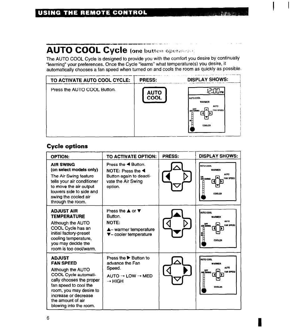 To activate auto cool cycle, Press, Auto | Cool, Option, To activate option, Display shows, Air swing, Adjust air temperature, Adjust fan speed | Whirlpool 1180435-A User Manual | Page 6 / 17