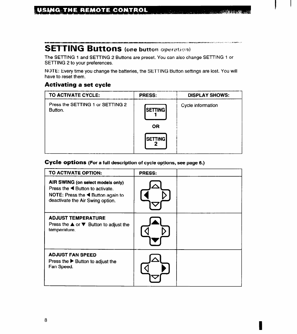 The №iyiote gontii0i, Setting buttons (one butto, Activating a set cycle | To activate cycle, Press, Display shows, Setting, Setting buttons | Whirlpool 1180435-A User Manual | Page 8 / 17