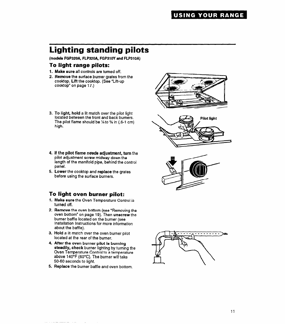 Lighting standing pilots, To light range pilots, To light oven burner pilot | Whirlpool FGP325A User Manual | Page 11 / 24