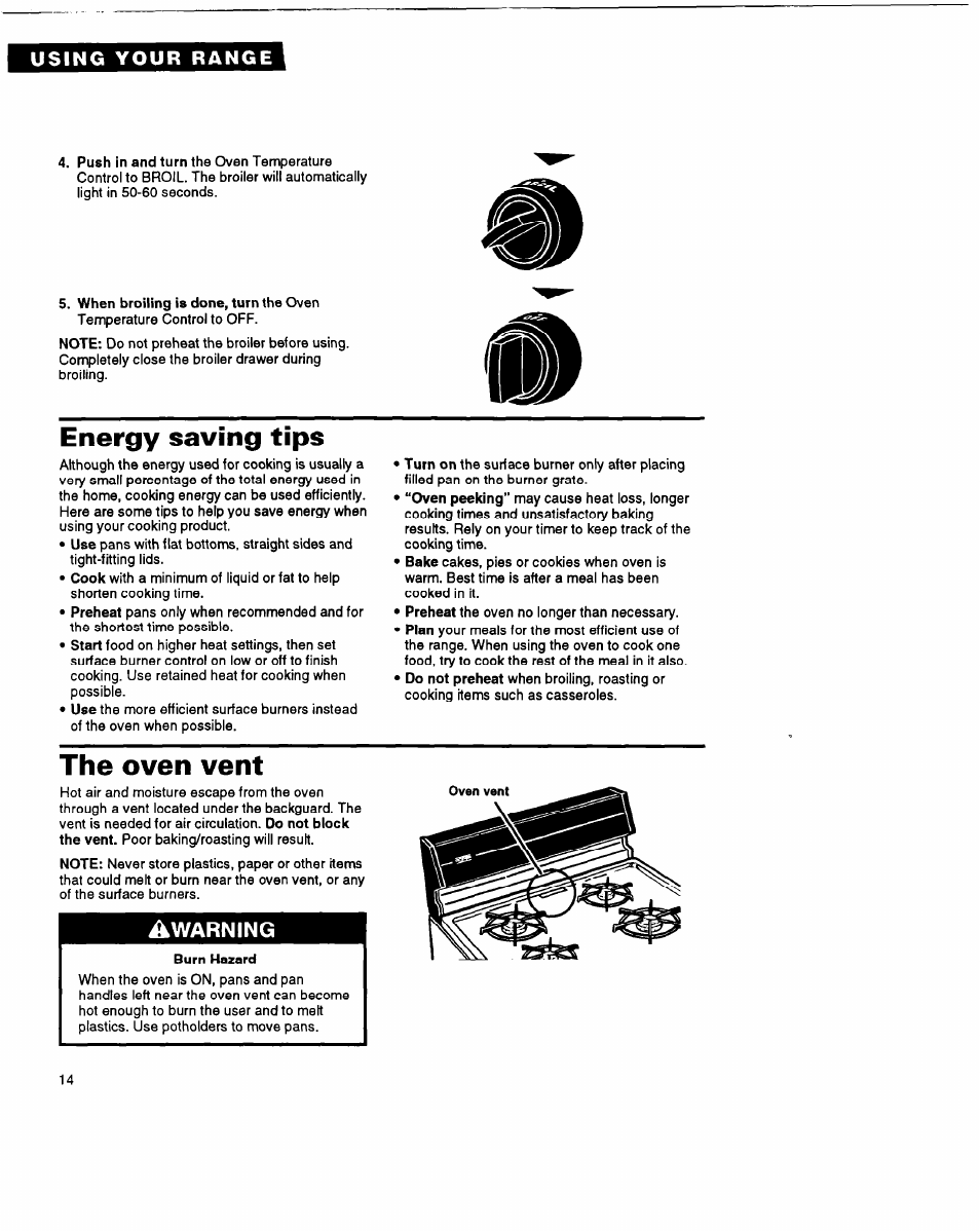 Energy saving tips, The oven vent | Whirlpool FGP325A User Manual | Page 14 / 24