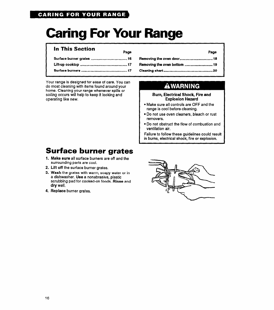 Caring for your range, Surface burner grates | Whirlpool FGP325A User Manual | Page 16 / 24