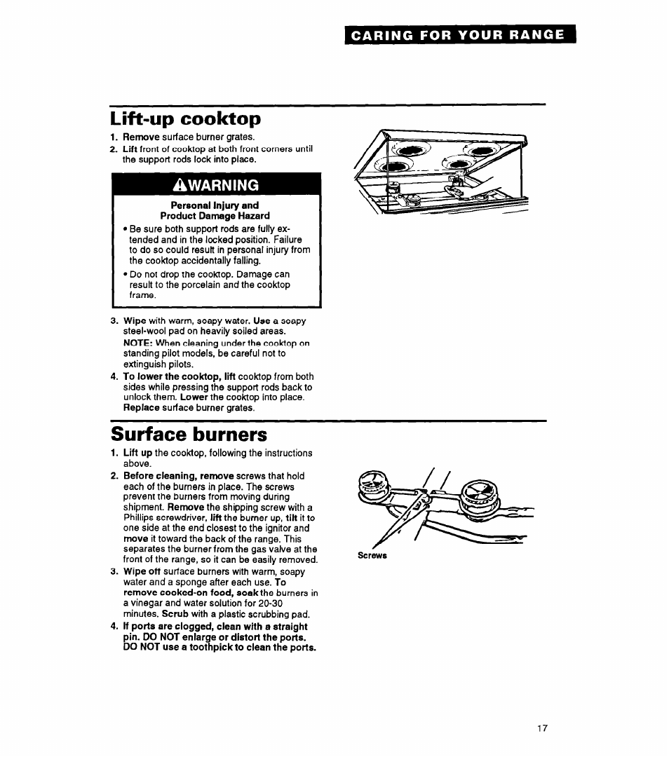 Lift-up cooktop, Surface burners | Whirlpool FGP325A User Manual | Page 17 / 24