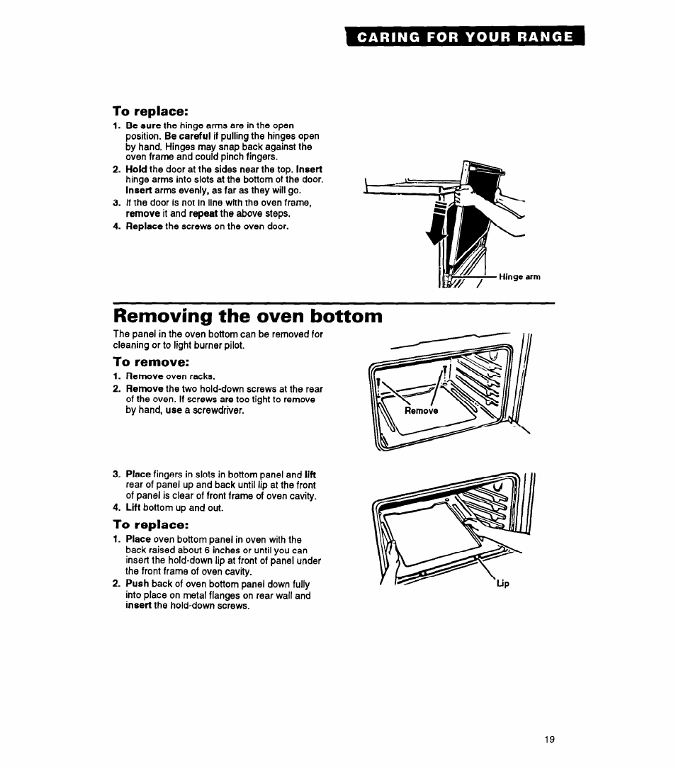 To replace, Removing the oven bottom, To remove | Whirlpool FGP325A User Manual | Page 19 / 24