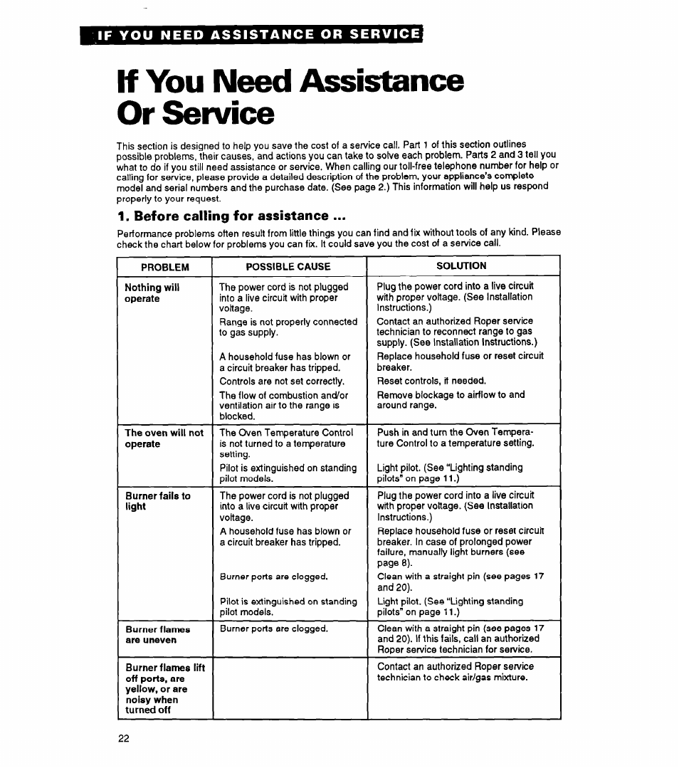 If you need assistance or service, Before calling for assistance | Whirlpool FGP325A User Manual | Page 22 / 24