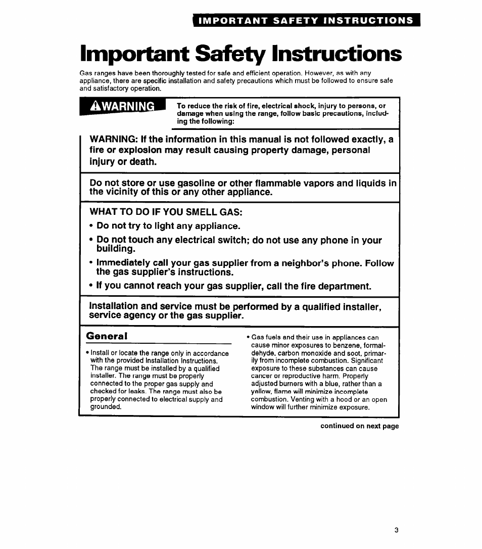 Important safety instructions | Whirlpool FGP325A User Manual | Page 3 / 24