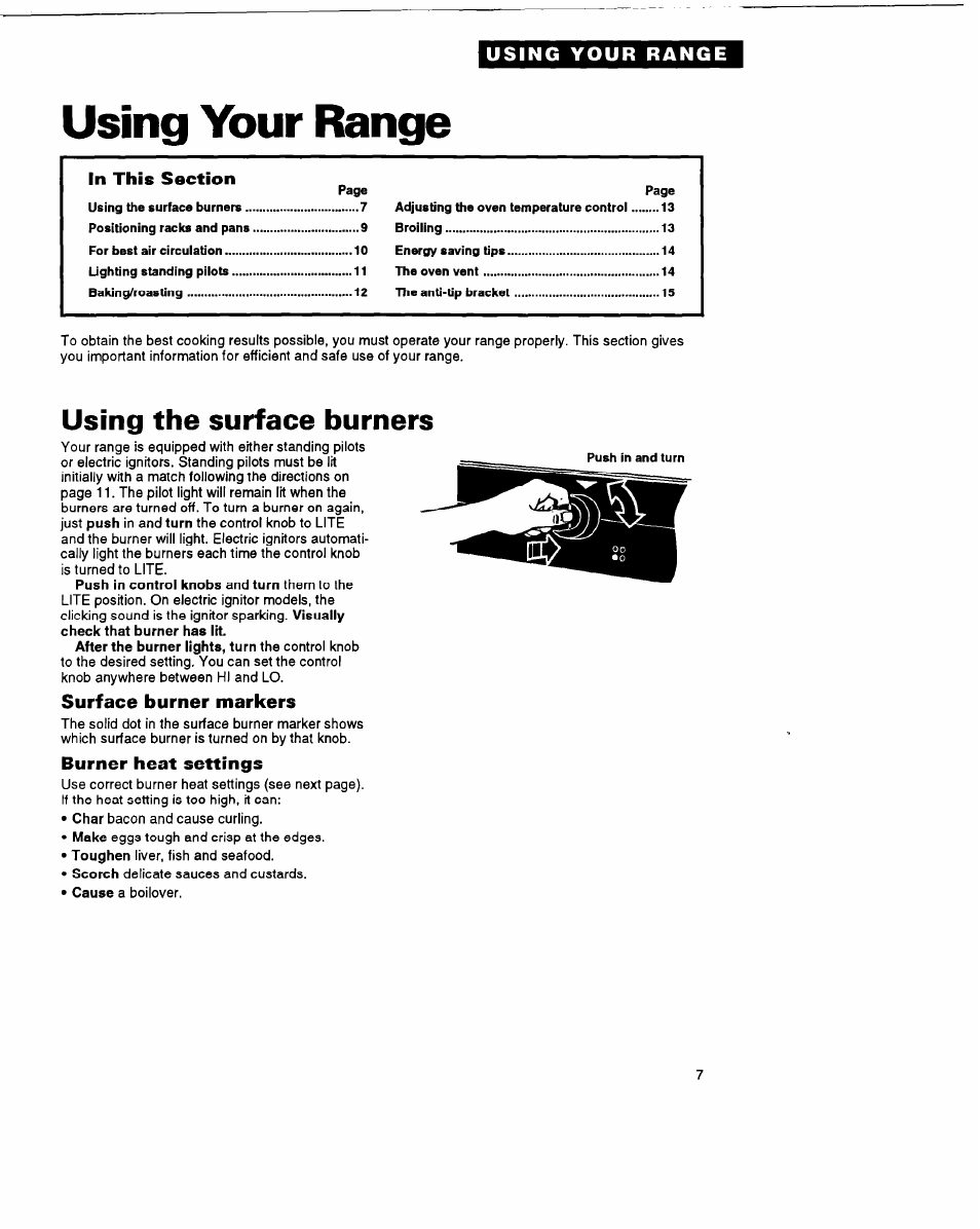 Using your range, Using the surface burners, Surface burner markers | Burner heat settings | Whirlpool FGP325A User Manual | Page 7 / 24