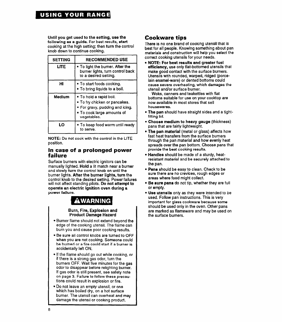In case of a prolonged power failure, Cookware tips | Whirlpool FGP325A User Manual | Page 8 / 24