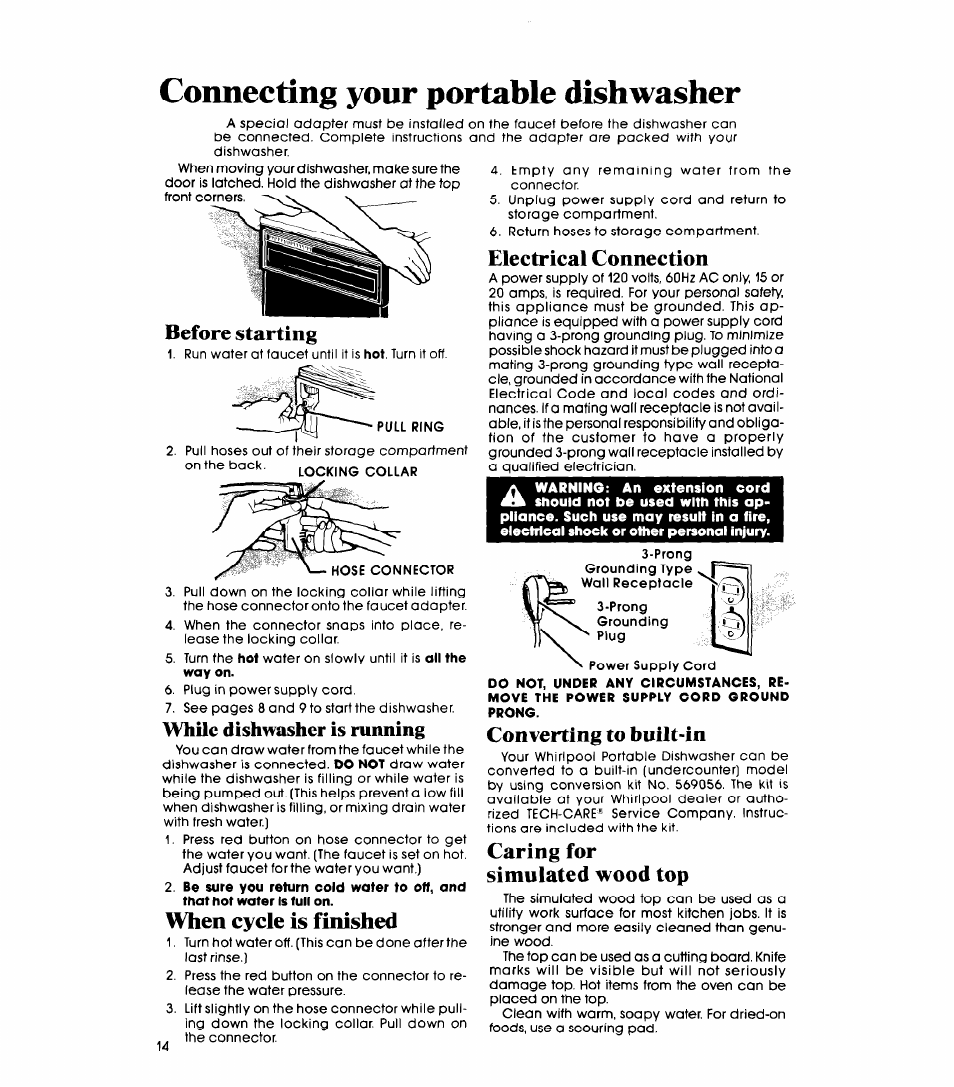 While dishwasher is running, Electrical connection, Converting to built-in | Caring for simulated wood top, Connecting your portable dishwasher, When cycle is finished, Before starting | Whirlpool DP3000XR Series User Manual | Page 14 / 16