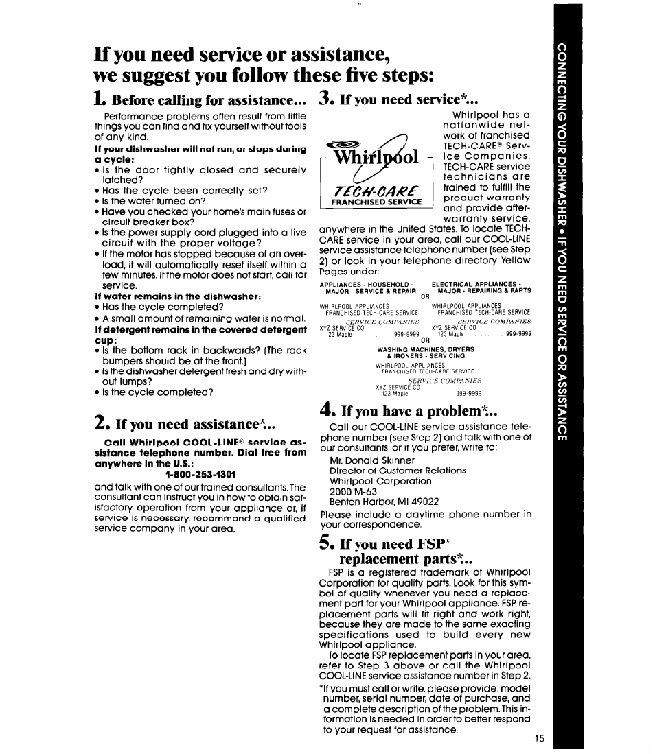 Whirlpool, Before calling for assistance . k you need service, If you need assistance | K you have a problem, K you need fsp replacement parts, Before calling for assistance, K you need service | Whirlpool DP3000XR Series User Manual | Page 15 / 16