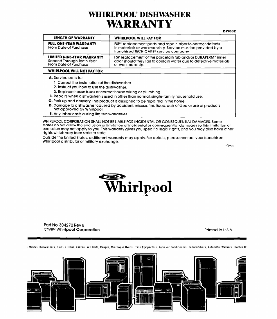 Whirlpool, Warranty, Whirlpool’ dishwasher | Whirlpool DP3000XR Series User Manual | Page 16 / 16