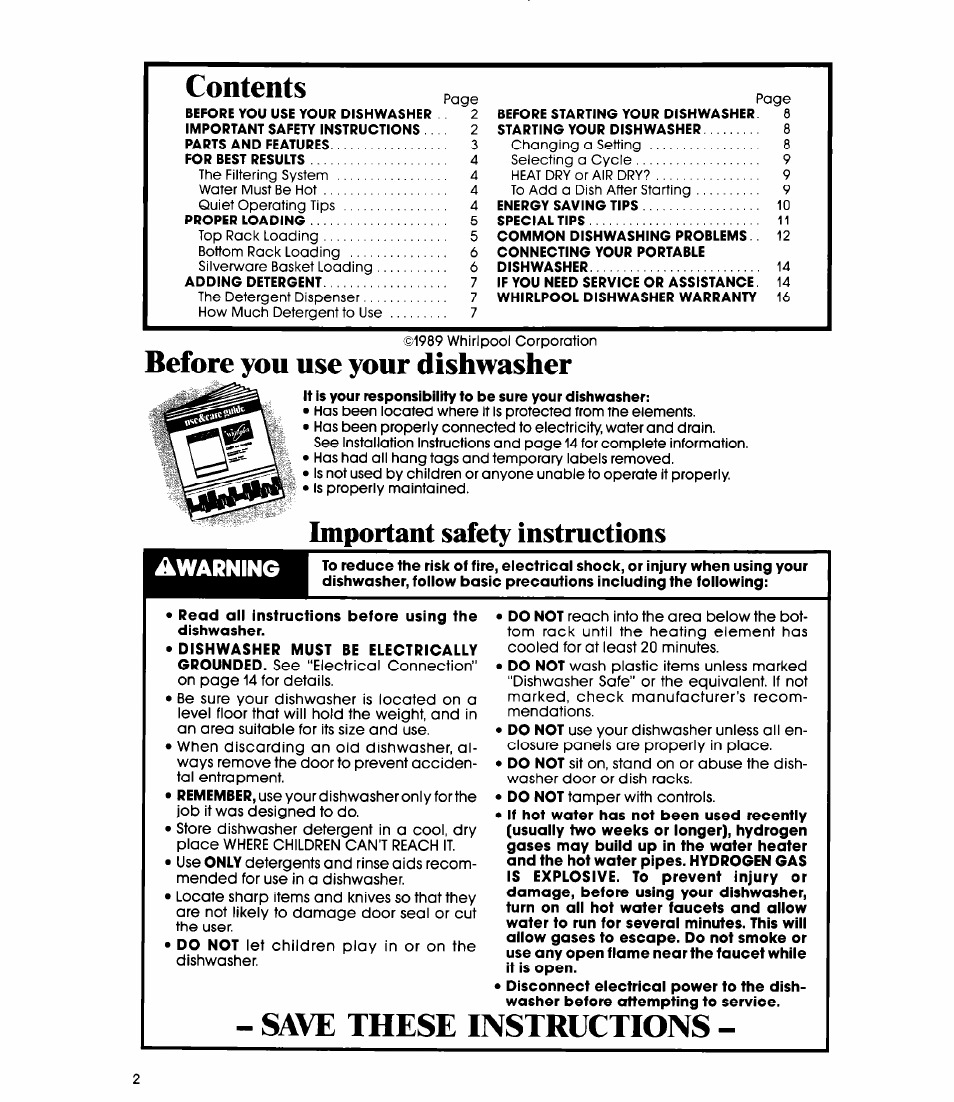 Before you use your dishwasher, Important safety instructions, Save these instructions | Awarning | Whirlpool DP3000XR Series User Manual | Page 2 / 16