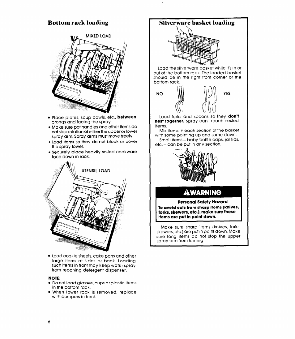 Bottom rack loading, Silverware basket loading, Warning | Whirlpool DP3000XR Series User Manual | Page 6 / 16