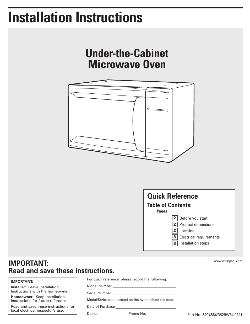 Whirlpool 8204864/3828W5U0311 User Manual | 4 pages