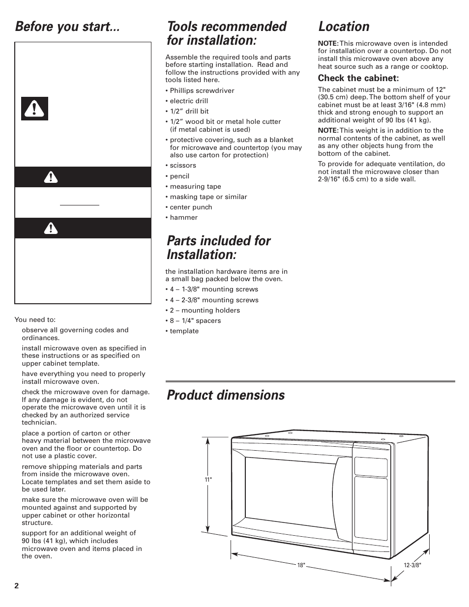 Product dimensions, Warning, Danger location | Whirlpool 8204864/3828W5U0311 User Manual | Page 2 / 4