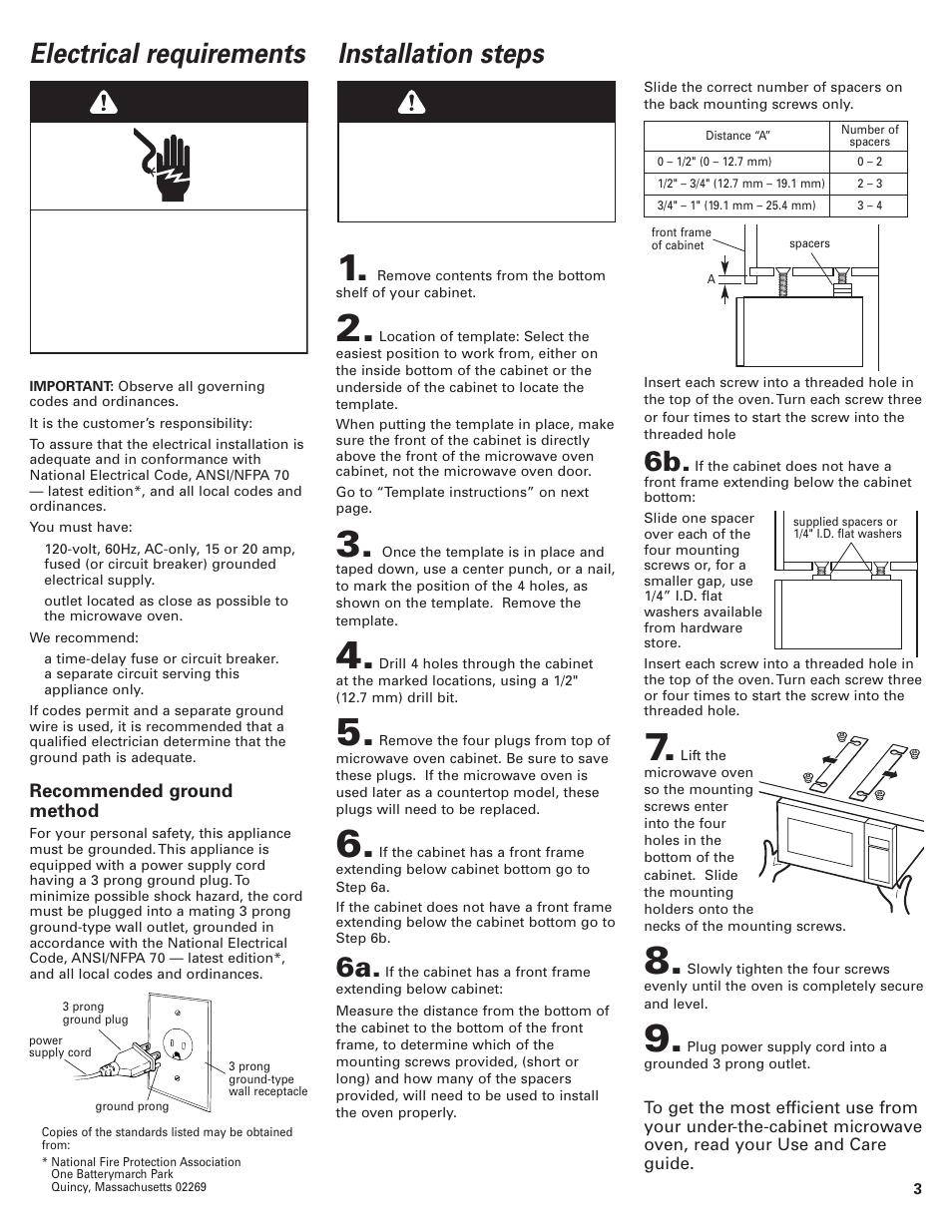 Electrical requirements, Warning installation steps, Warning | Whirlpool 8204864/3828W5U0311 User Manual | Page 3 / 4