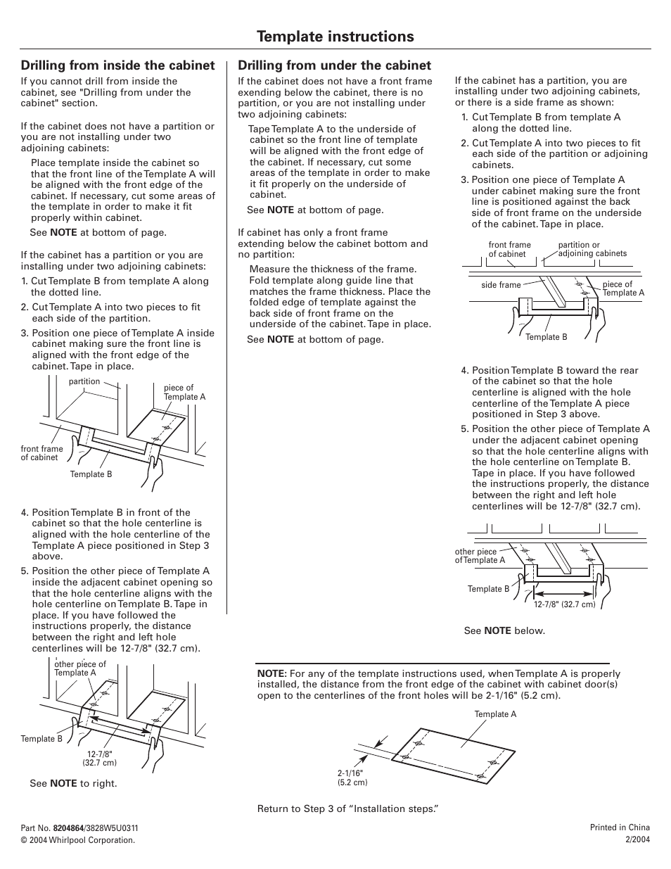 Template instructions, Drilling from inside the cabinet, Drilling from under the cabinet | Whirlpool 8204864/3828W5U0311 User Manual | Page 4 / 4