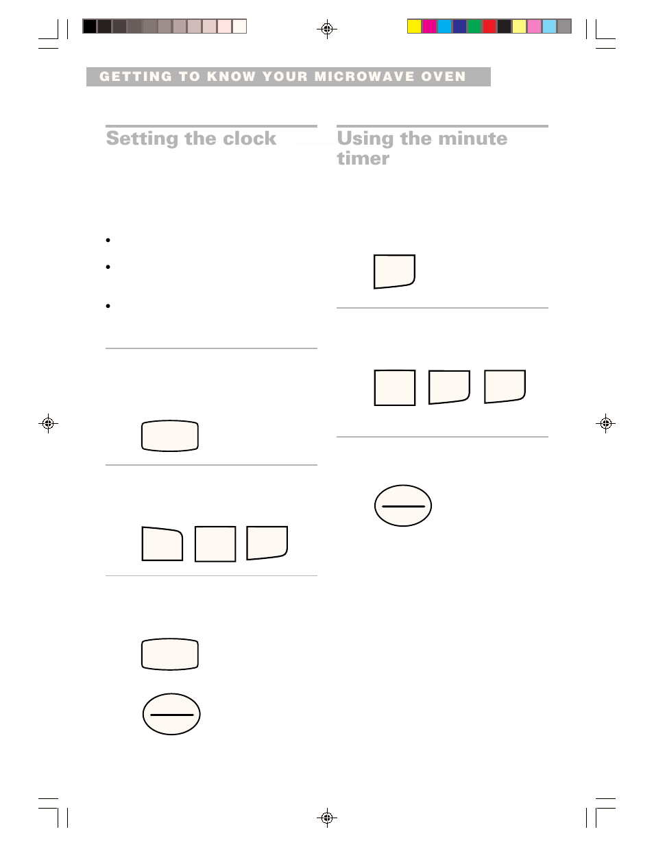 Setting the clock, Using the minute timer | Whirlpool CMT061SG User Manual | Page 12 / 28