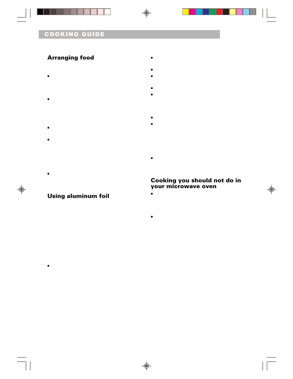 Arranging food, Using aluminum foil, Cooking you should not do in your microwave oven | Whirlpool CMT061SG User Manual | Page 24 / 28