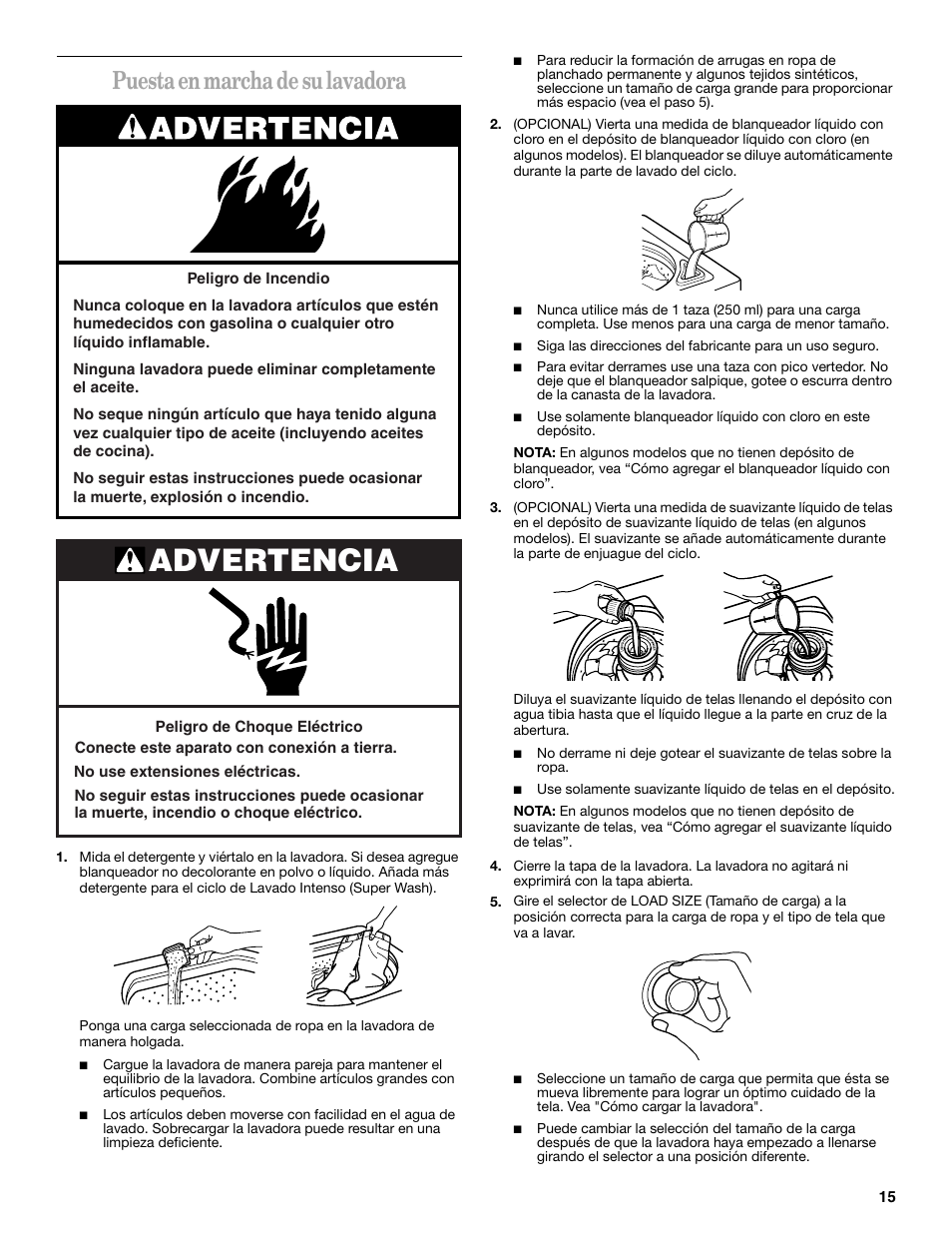 Advertencia, Puesta en marcha de su lavadora | Whirlpool 8539782 User Manual | Page 15 / 20
