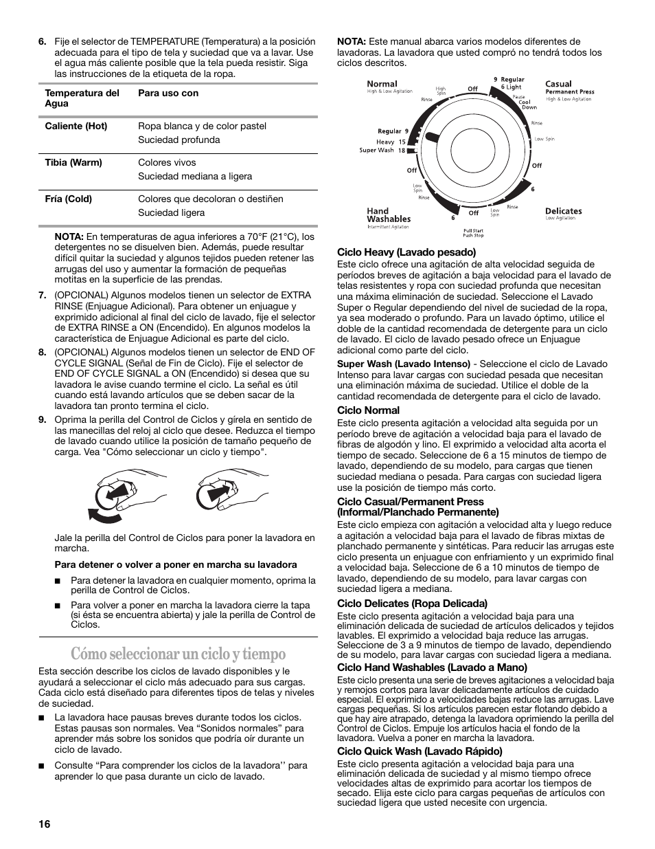 Cómo seleccionar un ciclo y tiempo | Whirlpool 8539782 User Manual | Page 16 / 20