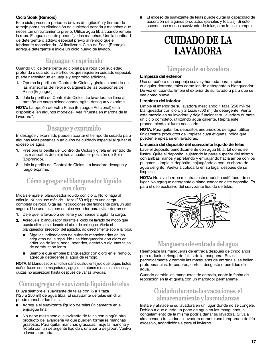 Cuidado de la lavadora, Enjuague y exprimido, Desagüe y exprimido | Cómo agregar el blanqueador líquido con cloro, Cómo agregar el suavizante líquido de telas, Limpieza de su lavadora, Mangueras de entrada del agua | Whirlpool 8539782 User Manual | Page 17 / 20