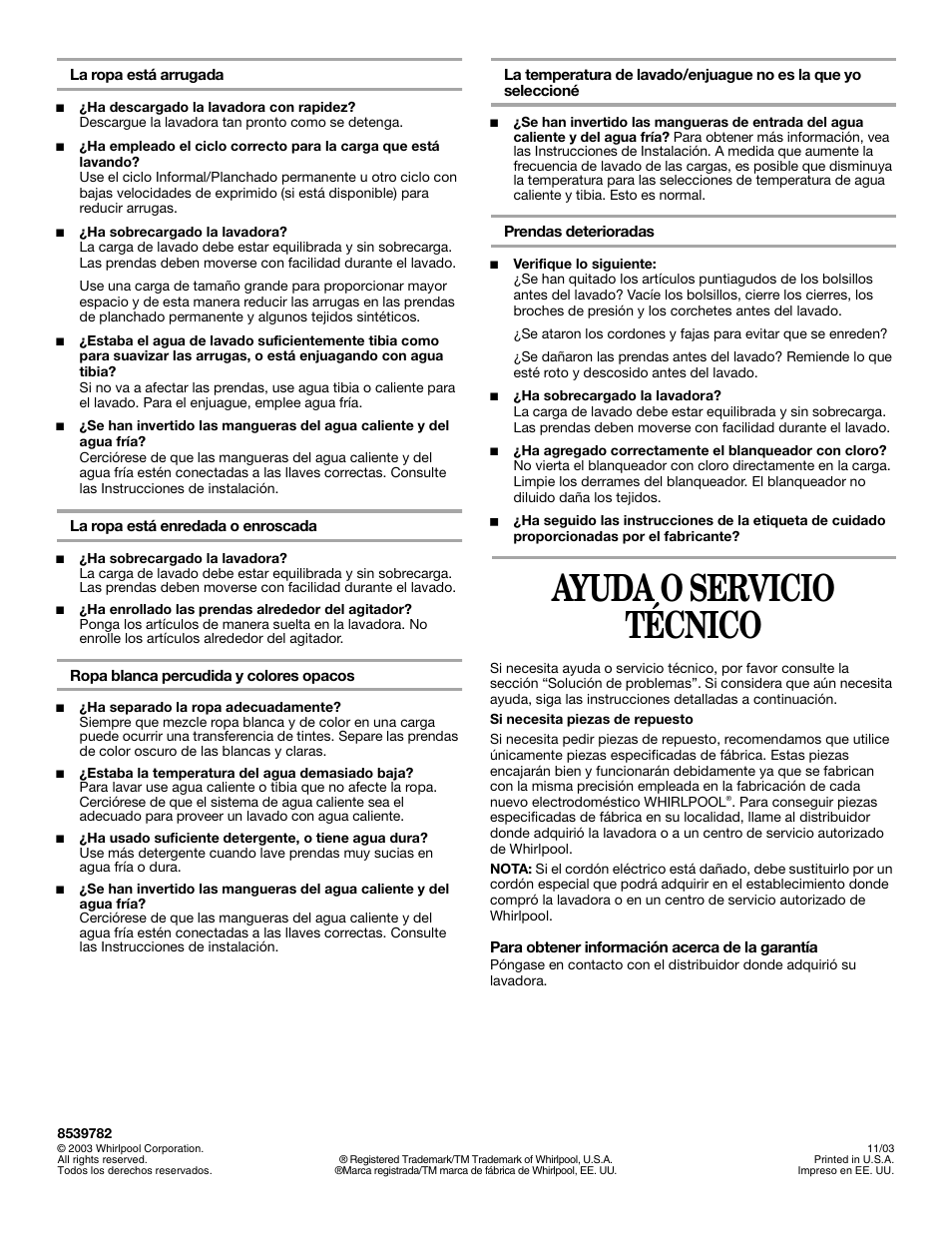 Ayuda o servicio técnico | Whirlpool 8539782 User Manual | Page 20 / 20